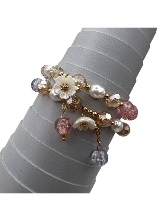 Jewelry - Pastel Stretch Bracelet Lot 2 Pink Blue Crackle Glass Pearl Flower Cottagecore